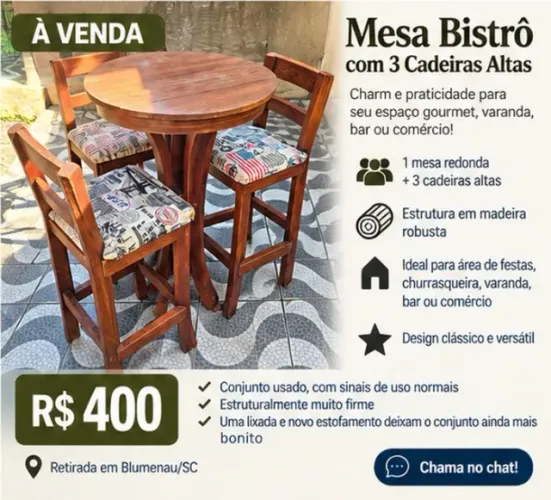 Mesa Bistrô de Madeira + 3 Cadeiras Altas - Área de Festas