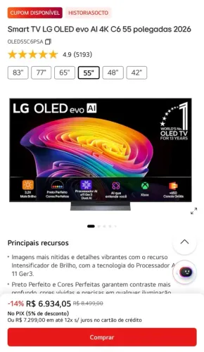 Smart TV 4K LG Oled Evo 55", Bluetooth, 120Hz, ThinQ AI, Alexa e Wi-Fi