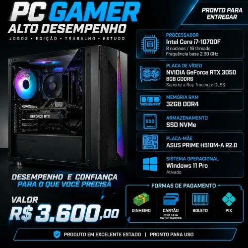 PC Gamer i7 10700F + RTX 3050 8GB + 32GB RAM + SSD NVMe 1TB