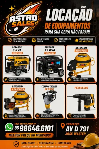 LOCAÇÃO DE GERADORES, BETONEIRAS E COMPACTADORES | ASTRO SALES