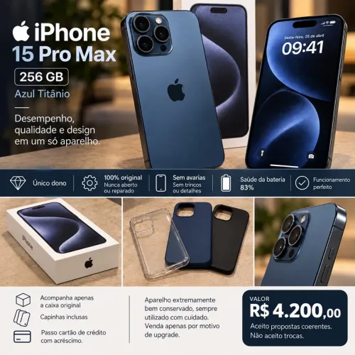 iPhone 15 Pro Max 256GB Azul - Único Dono - Impecável