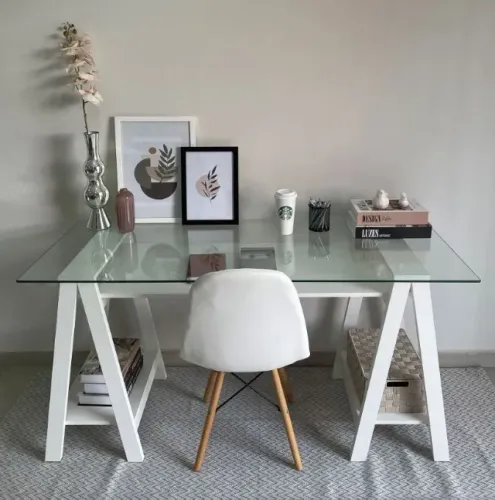 Escrivaninha Cristal - Escrivaninha com Tampo de Vidro - Mesa com Tampo de Vidro