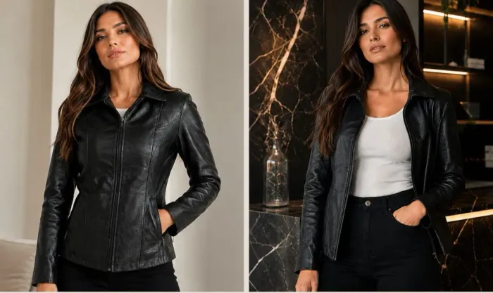 Jaqueta de couro feminina tamanho G mas veste melhor M