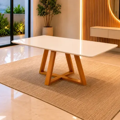 Mesa Jantar para 6 Lugares Pés Madeira Maciça Pérola - 160x90 - Tampo MDF/Vidro - Mel/Off