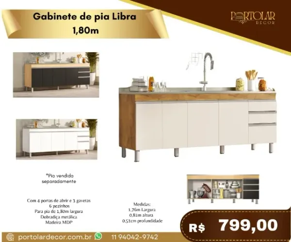 Gabinete de Pia Libra 1,80m a pronta entrega