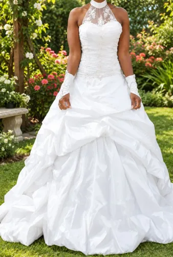 VESTIDO DE NOIVA COM GRINALDA E VÉU E LUVAS.