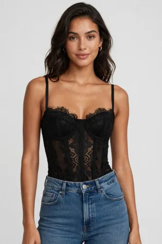Corset Top Renda Preto Transparente Com Bojo Alça Regulável Tam M - Balada Sexy - NOVO