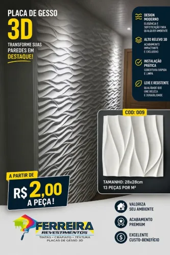 Placa de gesso 3d a partir de R$2,00 a peça