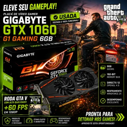Placa de video gamer nvidia gigabyte gtx1060 g1 gaming 6gb - PC Gamer, CS2, Fortnite, GTA5