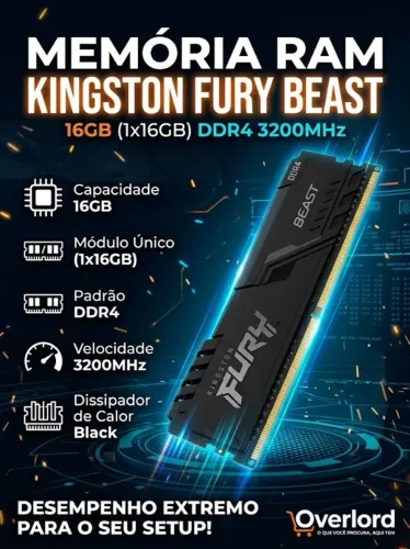 Memória RAM Kingston Fury Beast 16GB (1x16GB) DDR4 3200MHz