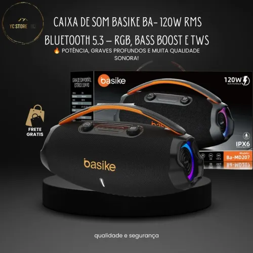 CAIXA DE SOM BASIKE BA- 120W RMS BLUETOOTH 5.3 - RGB, BASS BOOST E TWS