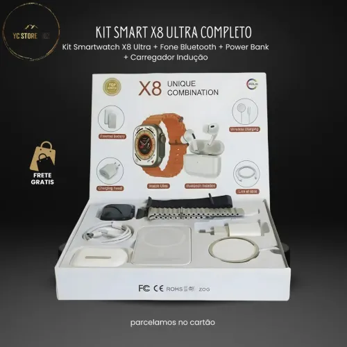Kit Smartwatch X8 Ultra + Fone Bluetooth + Power Bank + Carregador Indução