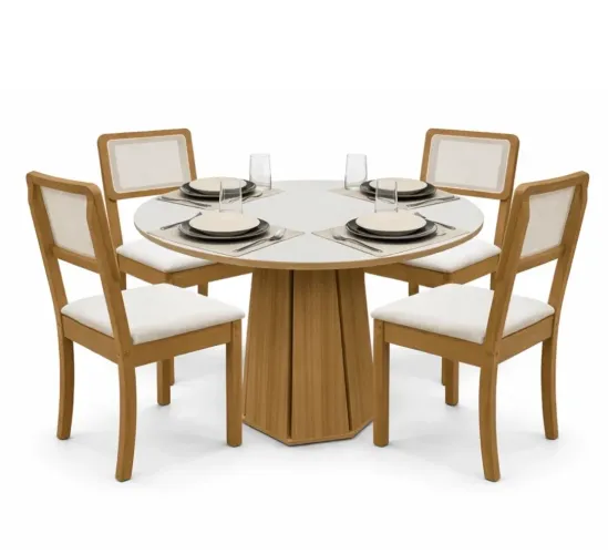 Mesa Jantar Redonda 105x105cm + 4 Cadeiras Telinha Lima rf87