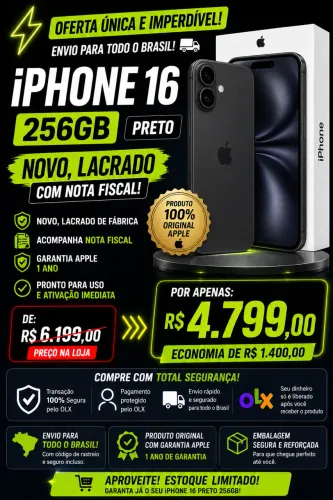iPhone 16 256GB Preto Novo Lacrado - Oferta Imperdível