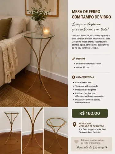 Mesa de Ferro com Tampo de Vidro - Design Leve e Elegante