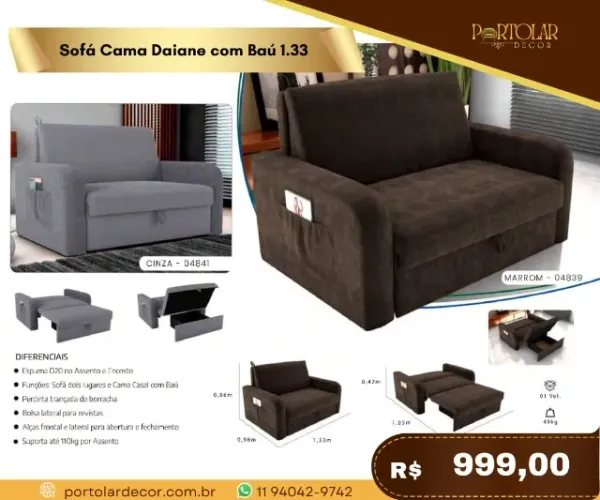 Sofá cama Daiane com baú 1.33, a pronta entrega