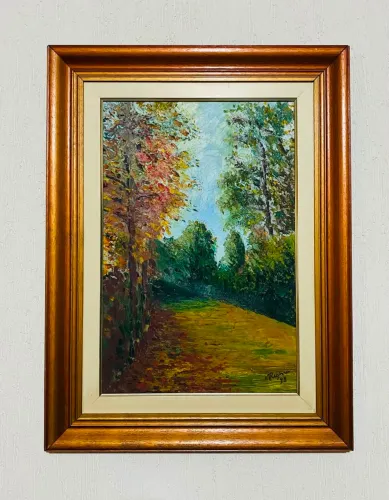 Quadro Pintura Óleo Sobre Tela Paisagem Outono Com Moldura 62x82