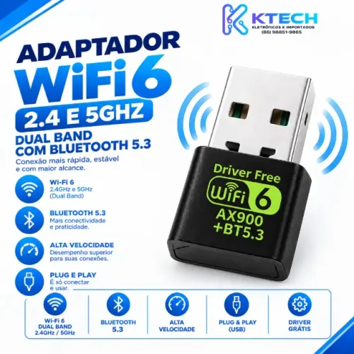Adaptador Wi-Fi 6 Dual Band com Bluetooth 5.3 USB
