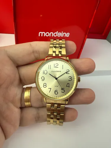 Relógio Dourado Mondaine feminino com kit colar e brincos banhado à ouro
