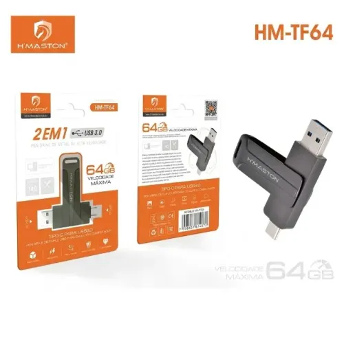Pen Drive 2 em 1 H'Maston HM-TF64 64GB USB 3.0 Tipo-C Celular e PC pode retirar na loja