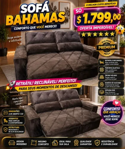 Promoção sofá Bahamas retrátil e reclinável novo por r$ 1799 com frete grátis