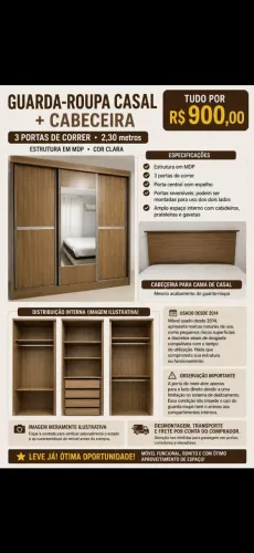 Guarda-Roupa Casal 2,30m 3 Portas + Cabeceira | R$ 900