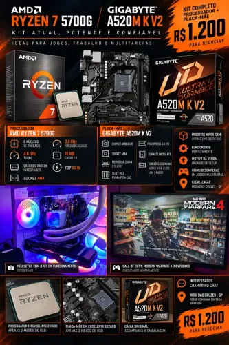 Kit Ryzen 7 5700G + Gigabyte A520M K V2 - 2 Meses de Uso