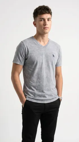 Camiseta Masculina Side Walk Original Cinza Estonada Gola V Básica Premium