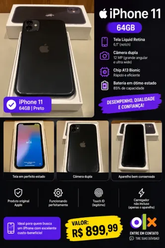 iPhone 11 64GB Preto - Bateria 85% - Bem Conservado