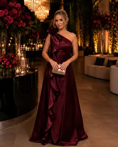 Vestido Luxuoso de Ombro Único na Cor Marsala