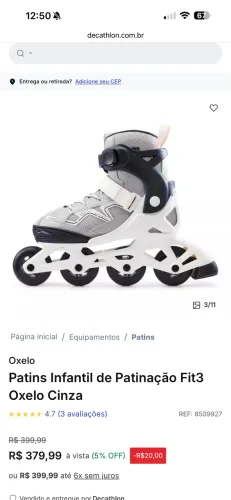 patins infantil oxelo fit3 cinza