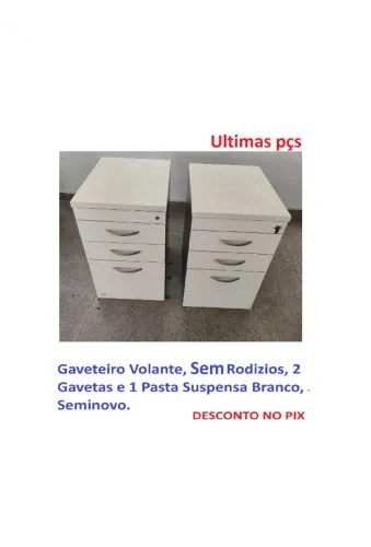 Gaveteiro Volante, Com/Sem Rodizios, 2 Gavetas e 1 Pasta Suspensa Branco, Seminovo.