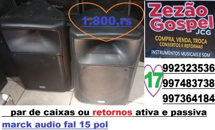 par de caixas ou retornos ativa e passiva marck audio fal 15 pol