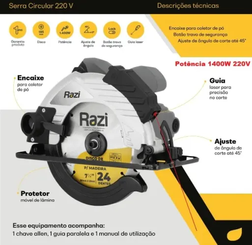 Serra Circular Razi Profissional com Guia a Laser 1400W 220V