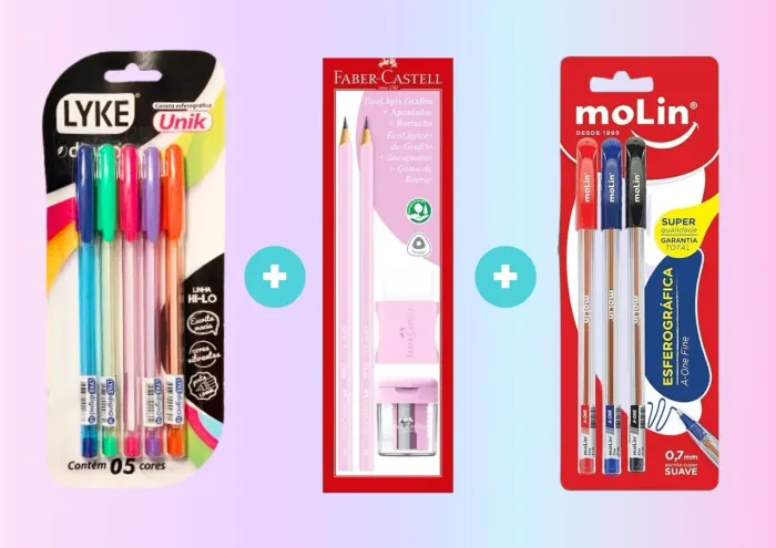 Kit Papelaria Completo: Canetas, Lápis, Borracha e Apontador