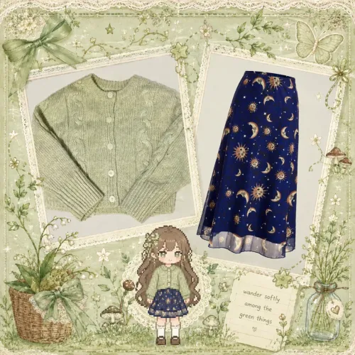 conjunto 2 pçs cardigã + saia longa aesthetic fairycore cottagecore coquette alternativa 