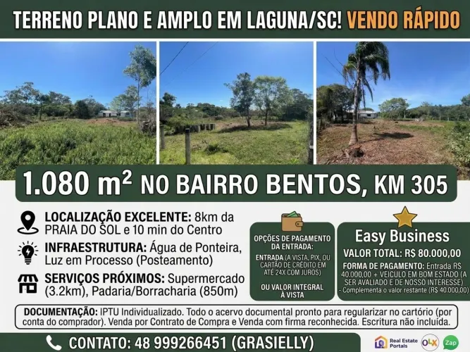 TERRENO PLANO E AMPLO! Bairro Bentos - LAGUNA/SC