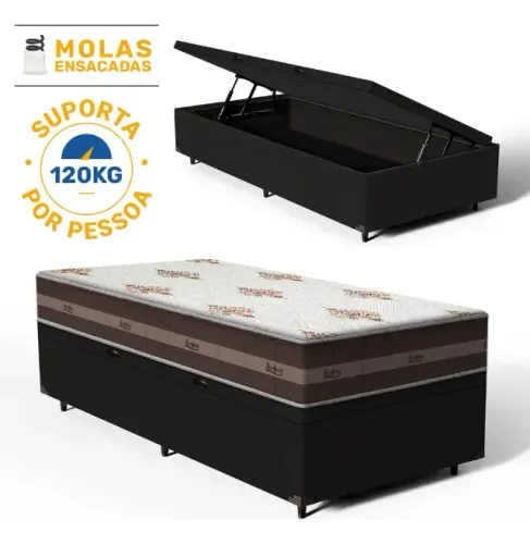 Cama Solteiro Completa com Colchão + Box Suede Baú
