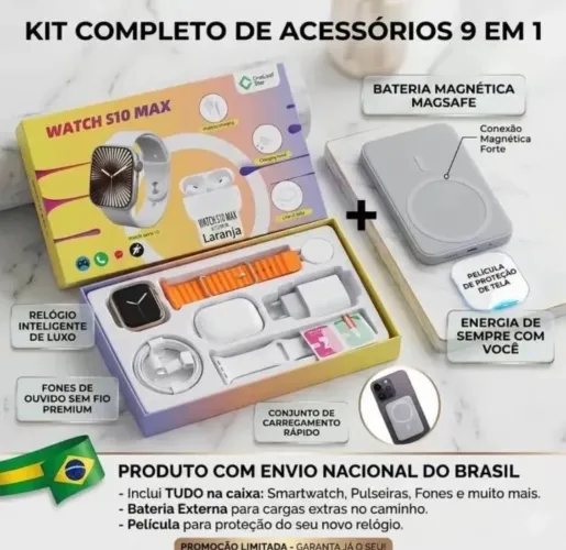 Kit 9 em 1 Relógio Digital X90 e Fone de Ouvido com Powerbank