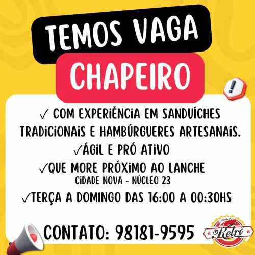 VAGA PARA CHAPEIRO COM EXPERIENCIA - QUE MORE PROXIMO (CIDADE NOVA, NOVO ALEIXO).