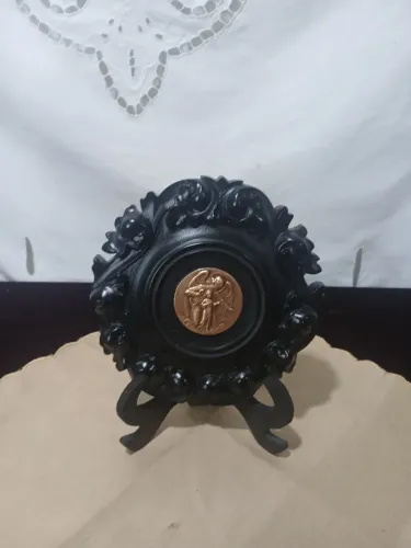 Antiga Placa Religiosa De Anjo Da Guarda Baquelite e Latão