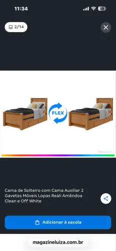 Cama de Solteiro com Cama Auxiliar 2 Gavetas Móveis Lopas Reali Amêndoa Clean e Off White