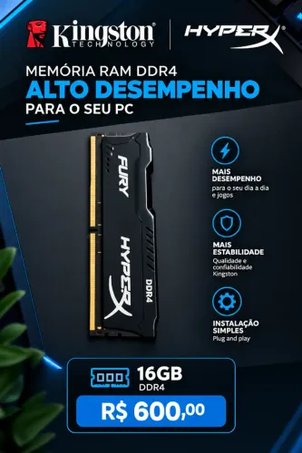 Memória RAM Kingston Fury HyperX DDR4 16GB - R$ 600