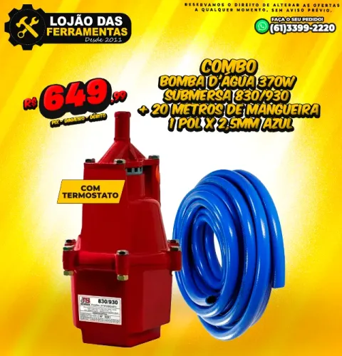Combo Bomba D'água 370w Submersa 830/930 + 20 Metros de Mangueira 1 Pol x 2,5mm Azul