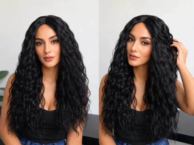 Lace front ondulada preta natural longa realista,repartição natural