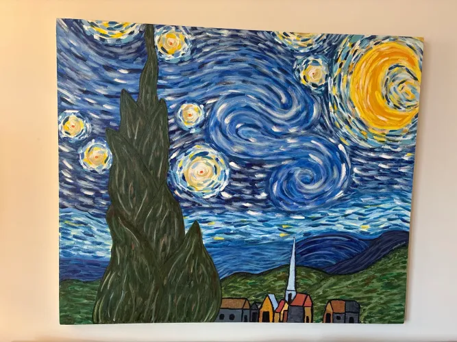 Quadro Pintado à Mão - Noite Estrelada Van Gogh - Tela Grande 110x90