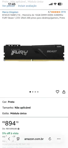 KF432C16BB1/16 - Memória de 16GB DIMM DDR4 3200Mhz FURY Beast 1,35V 2Rx8 288 pinos para de