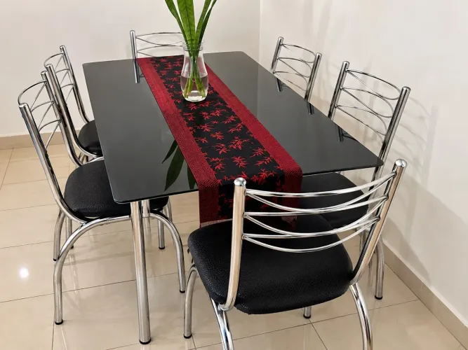Sala de Jantar Tampo de Vidro 120x80cm 6 Cadeiras Aço Cromado/preto