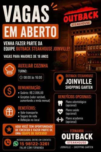 Auxiliar de Cozinha | Outback Steakhouse Joinville - Shopping Garten