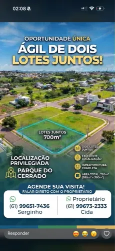 AGIO DOIS LOTES PARQUE DO CERRADO